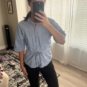 Odille Light Blue Striped Drawstring tie waist Button-Front Blouse